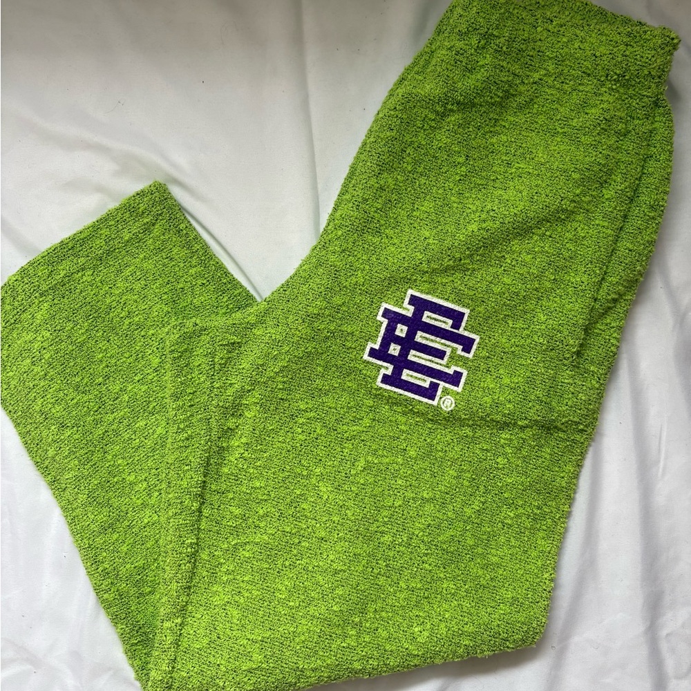 Eric Emanuel Kids Lime Green Terry Sweatpants with Purple Logo